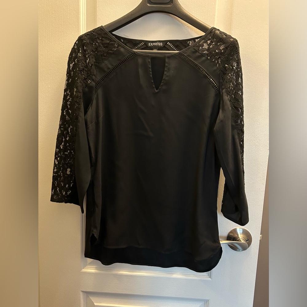 Express Black Blouse with 3/4 Lace Sleeves and Shoulder